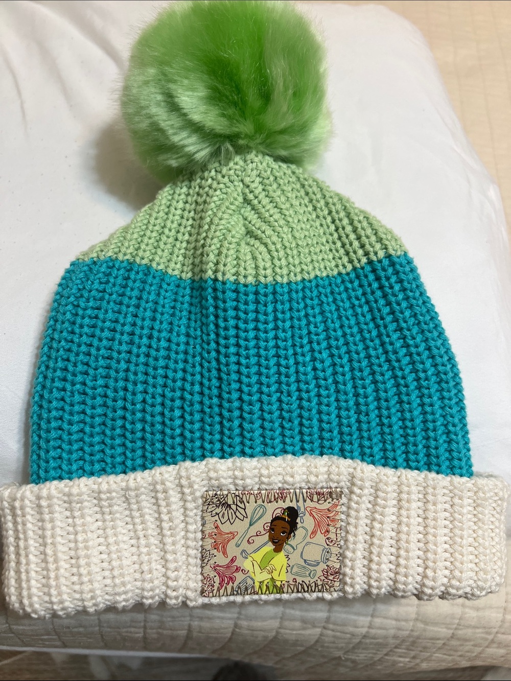Disney Kids Colorblock Pom Beanie Hat - Green/Teal/Cream